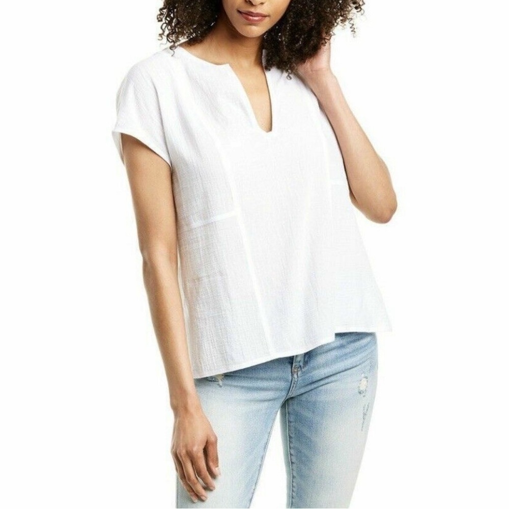 Vince White Seamed V-Neck Short Sleeve Pullover Top Small